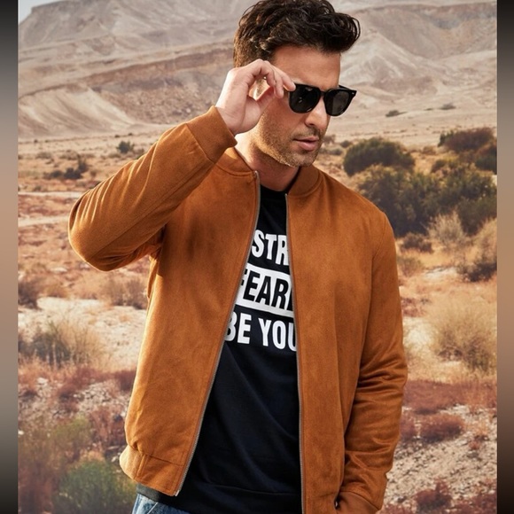 BNWOT SHEIN men’s zip up faux suede bomber jacket, size L, camel - Picture 1 of 5